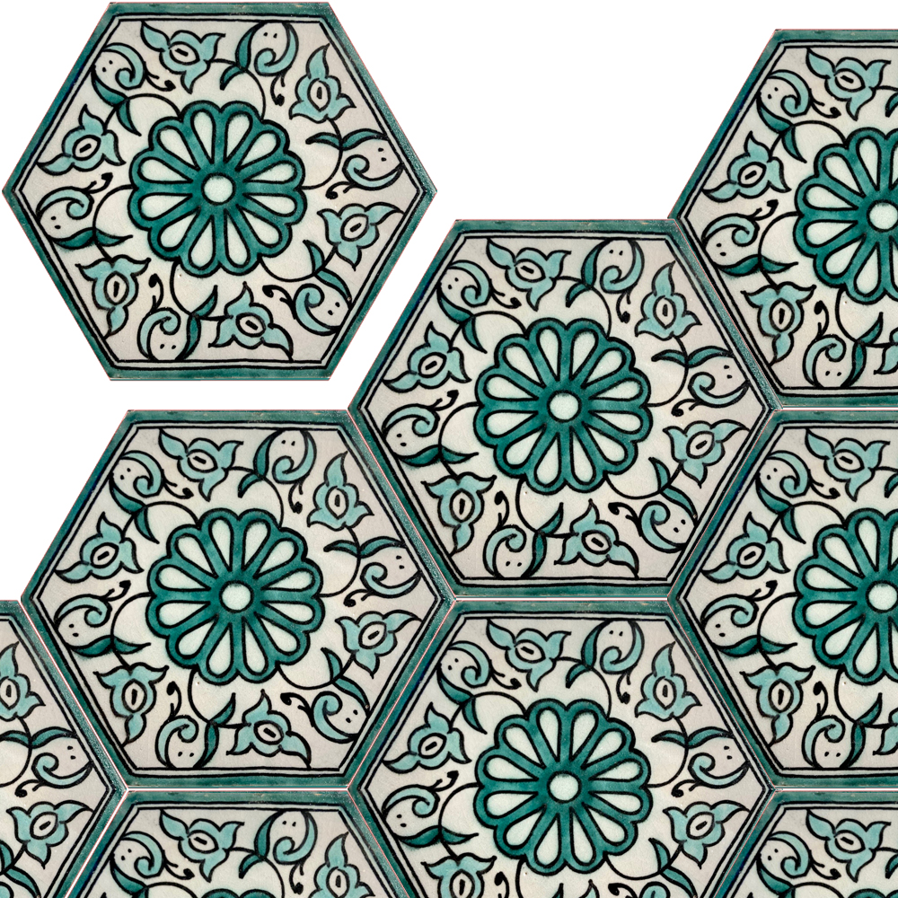 Mosaic House Moroccan tile Edith Lotus 1-12-10 White Light Green Green  {hand painted handpainted 6x6} 